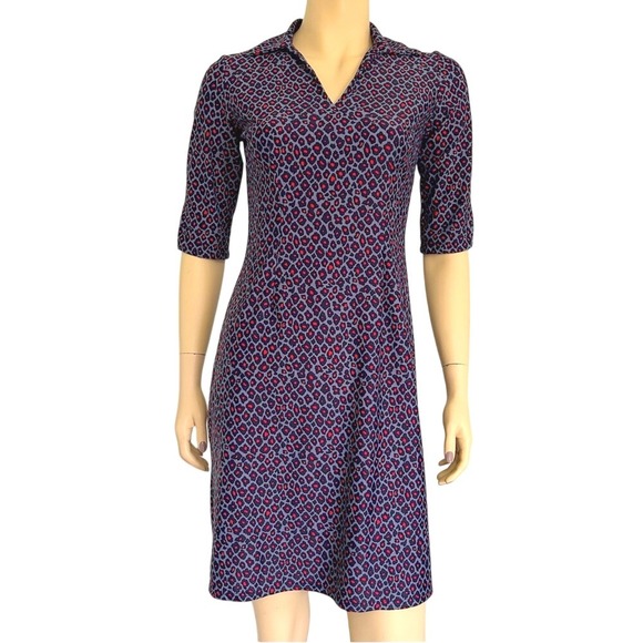 Jude Connally XS collared Vneck geometric abstract animal print navy red dress - Picture 1 of 9